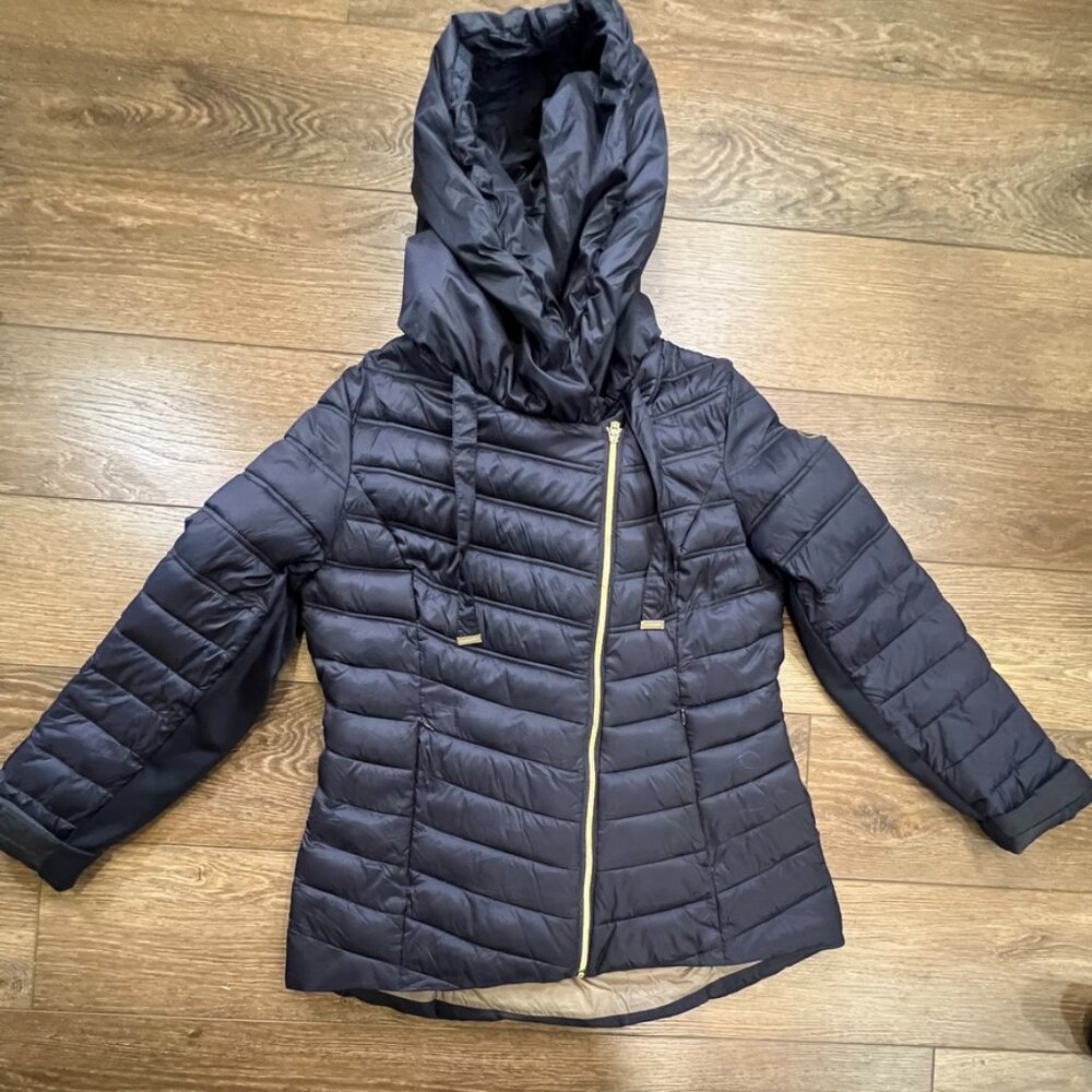 Laundry by Shelli Segal Asymettrical Packable Puffer Jacket Navy/Gold Sz L